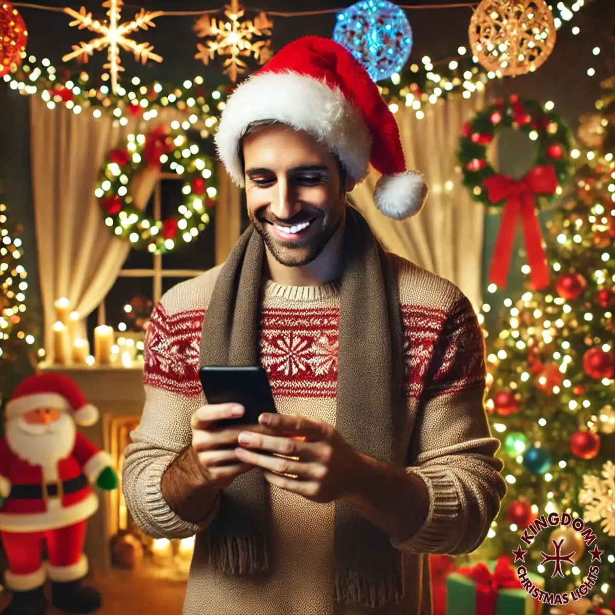 Man wearing a Santa hat and patterned sweater using a phone in a festive room with Christmas decorations.