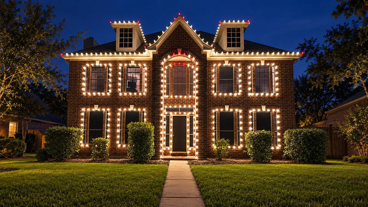 Houston-area brick home with warm white Christmas lights and red tip accents by Kingdom Christmas Lights