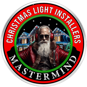 Circular logo with a man in sunglasses and headphones, Christmas lights, and text 'Christmas Light Installers Mastermind'.