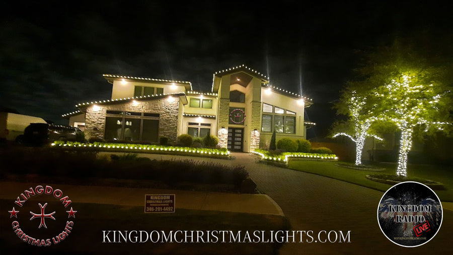 Cypress home with outlined roof edges, illuminated landscape borders, and two trees wrapped with white lights.