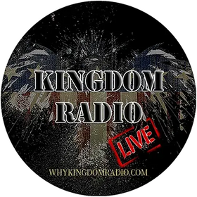Round sticker with 'Kingdom Radio Live' text and website URL on a dark background
