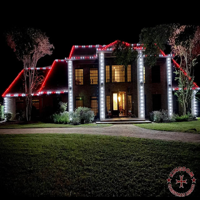 Katy home with red and white Christmas lights