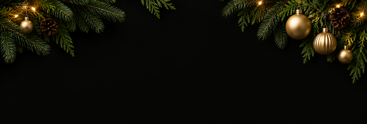 Decorative evergreen branches, warm white lights, and champagne gold Christmas ornaments on black