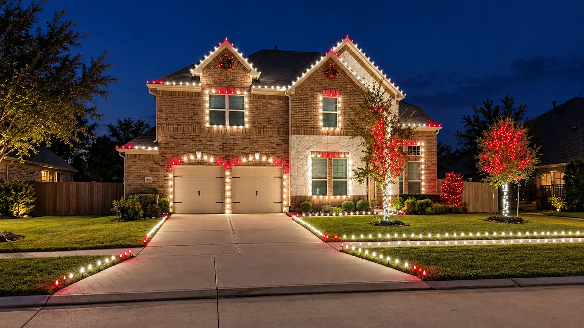 Houston-area brick home decorated with warm white and red Christmas lights by Kingdom Christmas Lights