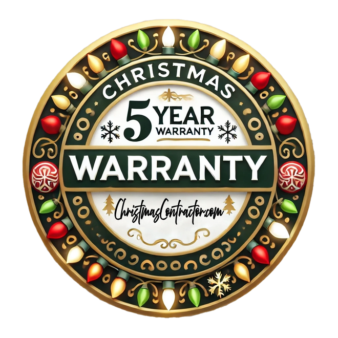 5-year warranty badge with Christmas-themed decorations on a white background