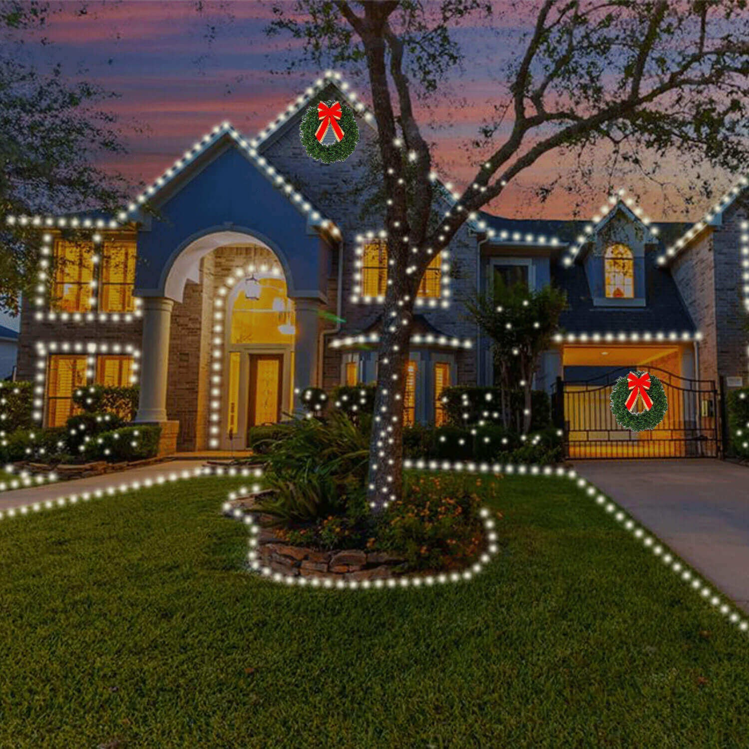 Houses decorated with Christmas lights and wreaths during a festive evening.