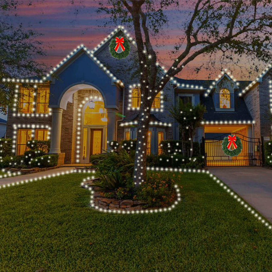 Houses decorated with Christmas lights and wreaths during a festive evening.
