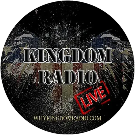 Round sticker with 'Kingdom Radio Live' text and website URL on a dark background