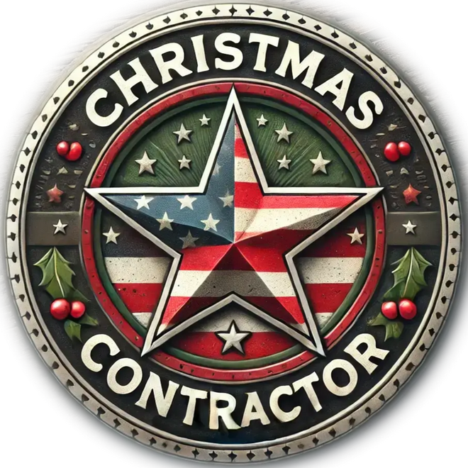 Circular emblem with a star design, Christmas-themed text, and decorative elements on a white background.