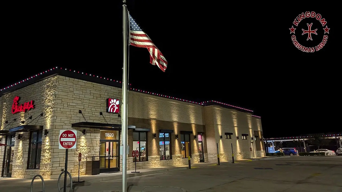 Restaurant exterior decorated with professional warm white Christmas lights