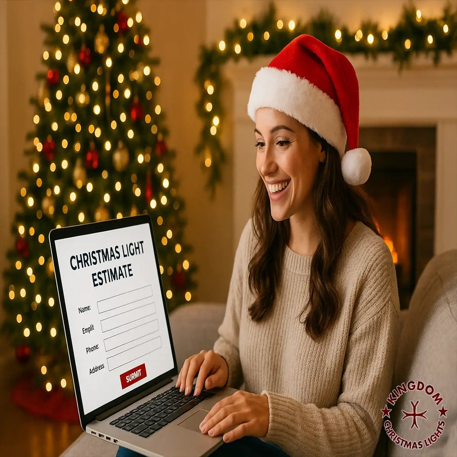 Woman in a Santa hat using a laptop with a Christmas light estimate form in a festive room.