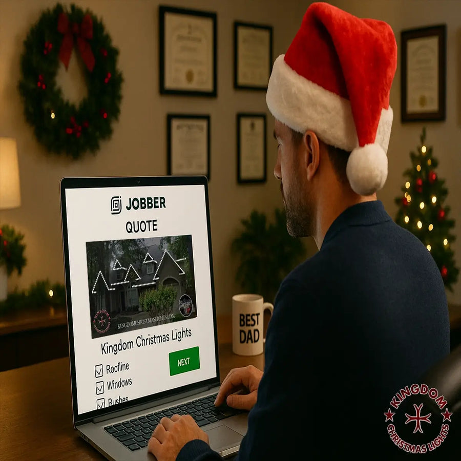 Person wearing a Santa hat using a laptop with a Christmas-themed website in a festive room.