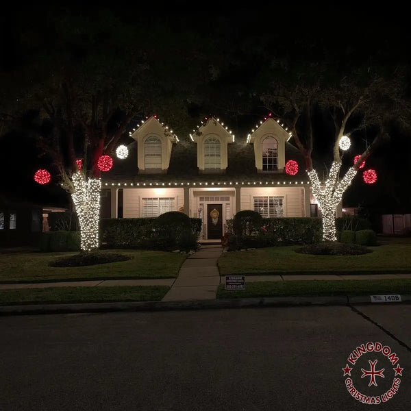 House decorated with Christmas lights at night