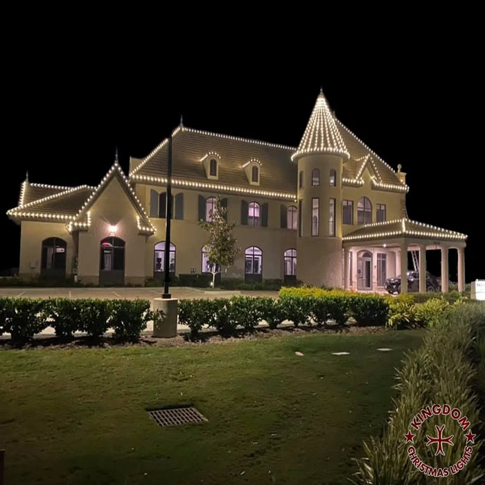 Large house decorated with Christmas lights at night