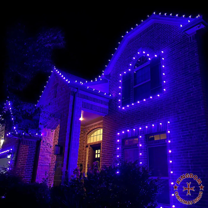 House exterior with blue string lights during nighttime