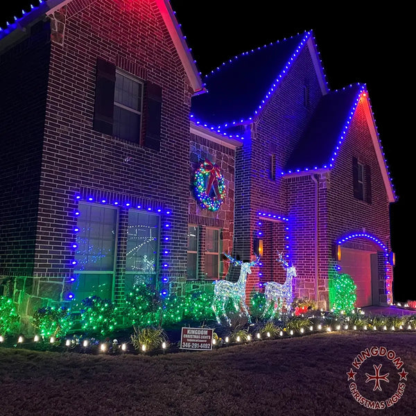 House decorated with Christmas lights and reindeer figures at night.