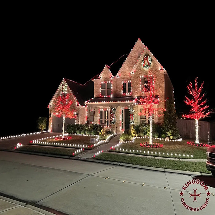 House decorated with Christmas lights at night, featuring a prominent 'Kingdom Christmas Lights' logo.
