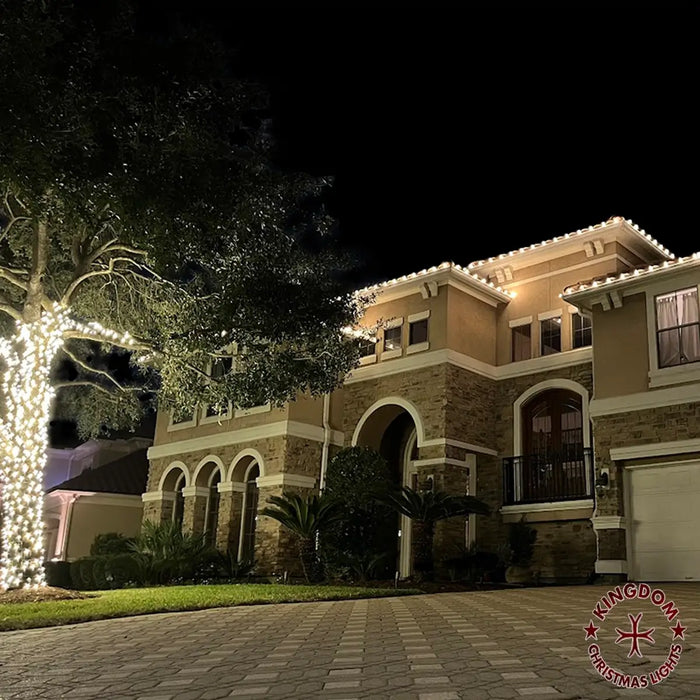 Luxurious house with decorative lights on a dark night, featuring a tree with lights.