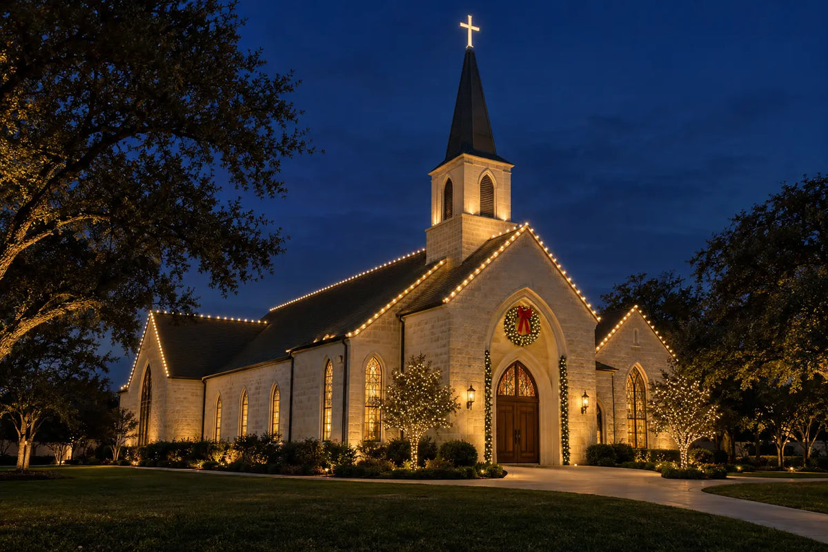 Concept illustration of a limestone church with a steeple, warm white Christmas roofline lights, an illuminated wreath and decorated trees