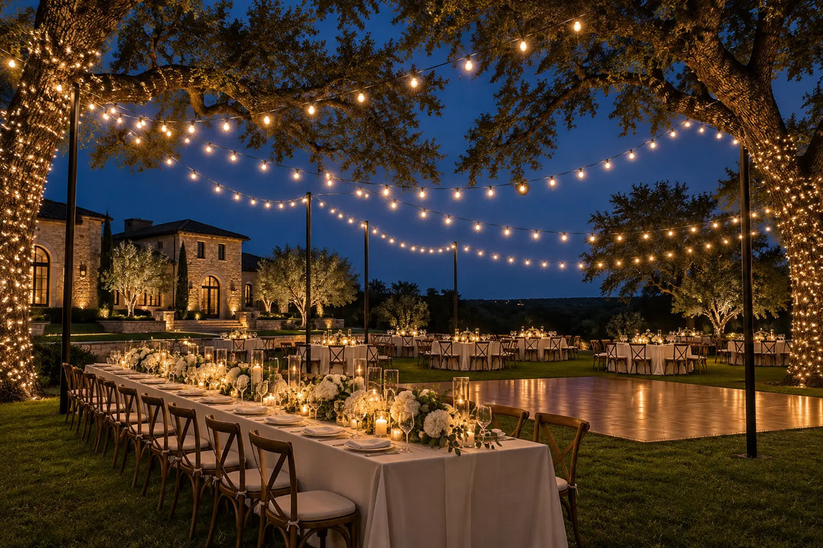 Concept illustration of an outdoor wedding reception beneath warm bistro lights and illuminated oak trees