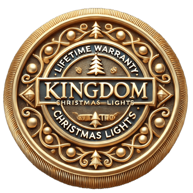 Decorative logo for Kingdom Christmas Lights with gold and black design on a white background