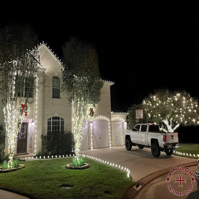 House and driveway decorated with Christmas lights at night