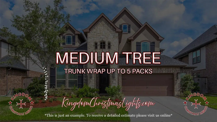 Advertisement for medium tree trunk wrap with a house in the background