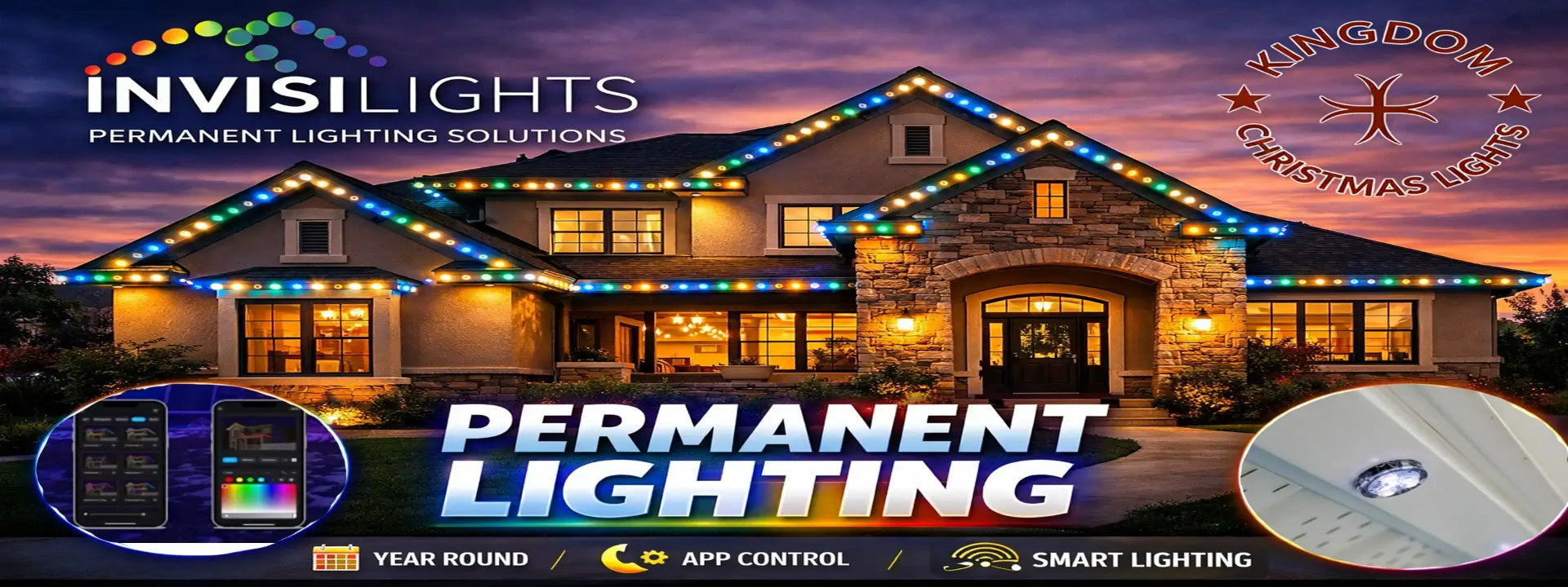 House with Invisilights permanent lighting solution on a colorful background