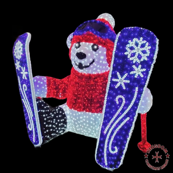Decorative light-up polar bear with skis on a black background