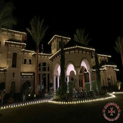Luxurious building with decorative lights at night, surrounded by palm trees.