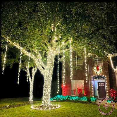Decorative Christmas lights on a tree in front of a house with festive decorations.