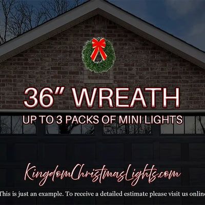 Brick building with a large sign advertising a 36-inch wreath and mini lights, featuring Kingdom Christmas Lights website.