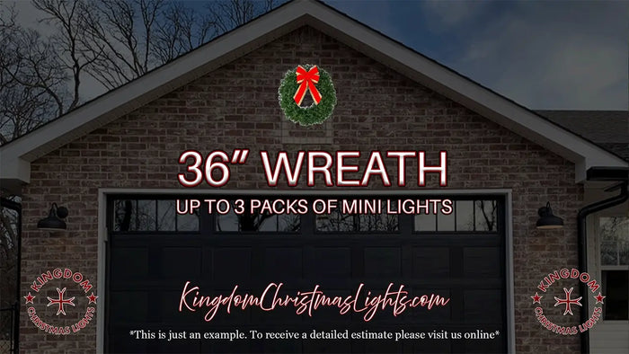 Brick building with a large sign advertising a 36-inch wreath and mini lights, featuring Kingdom Christmas Lights website.