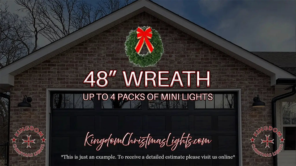 Advertisement for a 48-inch wreath and mini lights on a brick building with a dark sky.