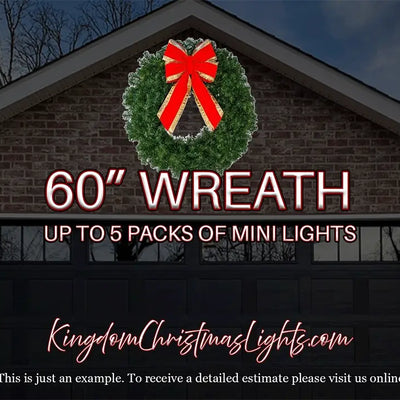 Advertisement for a 60-inch wreath with mini lights on a building facade.