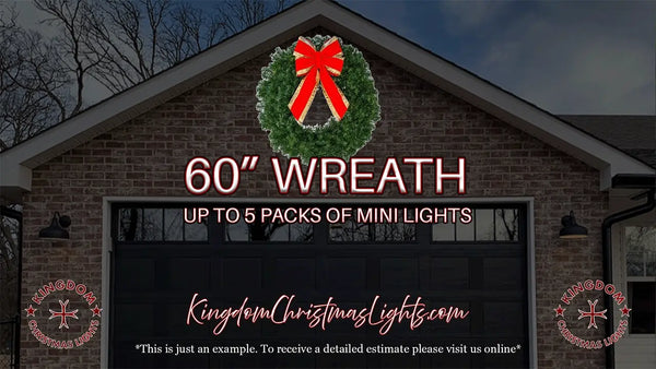 Advertisement for a 60-inch wreath with mini lights on a building facade.