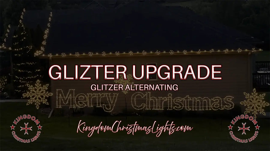 Decorative sign with 'GLIZTER UPGRADE' text and Christmas-themed design on a dark background.