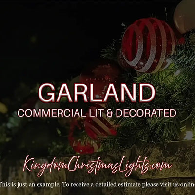 Decorated Christmas garland with lights and ornaments on a dark background, featuring text about commercial lighting and decoration.