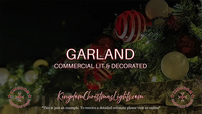 Decorated Christmas garland with lights and ornaments on a dark background, featuring text about commercial lighting and decoration.