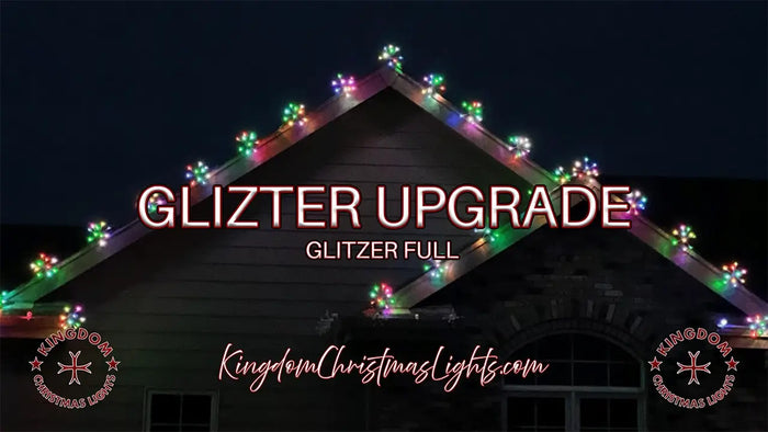 House with colorful Christmas lights and 'Glizter Upgrade' text on a dark background