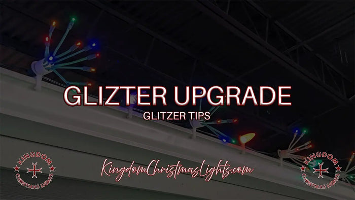 Text overlay on a dark background with colorful lights, promoting 'Glizter Upgrade' and 'Kingdom Christmas Lights'.