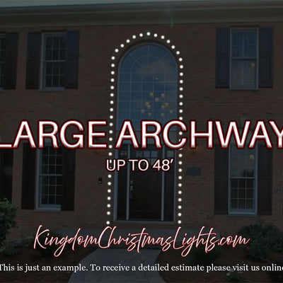 Advertisement for Kingdom Christmas Lights with a large archway in front of a house.
