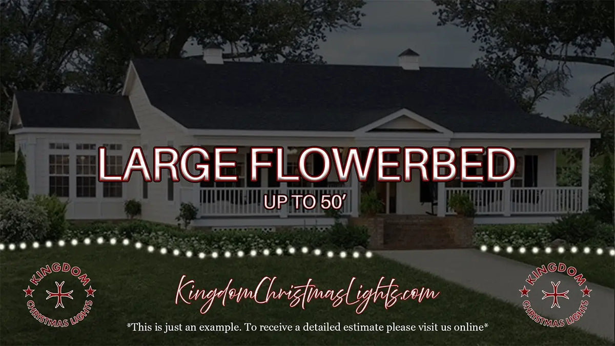 House with Christmas lights and text overlay about large flowerbeds, KingdomChristmasLights.com branding.