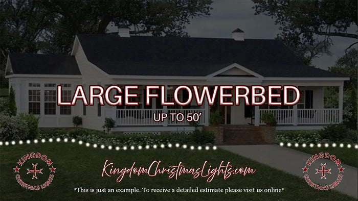 House with Christmas lights and text overlay about large flowerbeds, KingdomChristmasLights.com branding.
