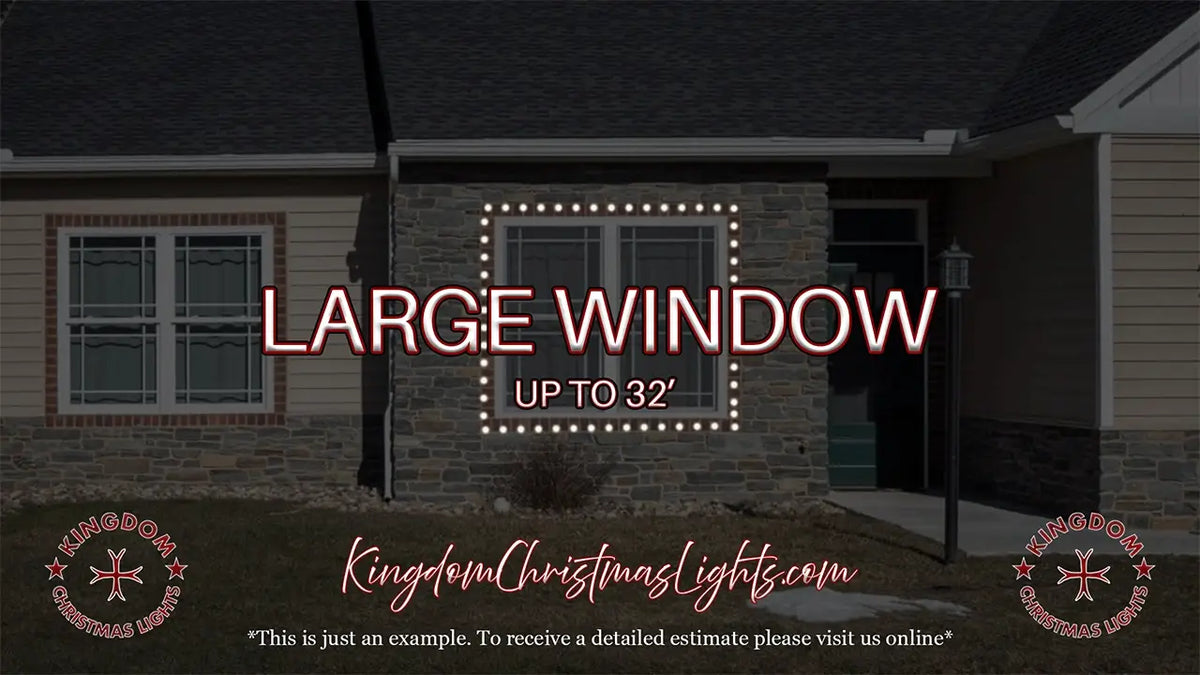 Advertisement for Kingdom Christmas Lights with a house and large window, featuring text about window size and contact information.