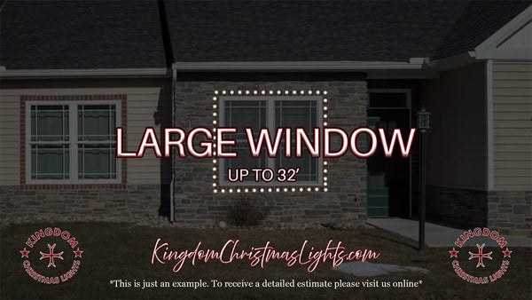 Advertisement for Kingdom Christmas Lights with a house and large window, featuring text about window size and contact information.