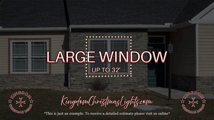 Advertisement for Kingdom Christmas Lights with a house and large window, featuring text about window size and contact information.