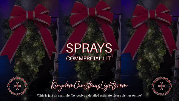 Three Christmas wreaths with red bows on a dark background, featuring 'Kingdom Christmas Lights' branding.