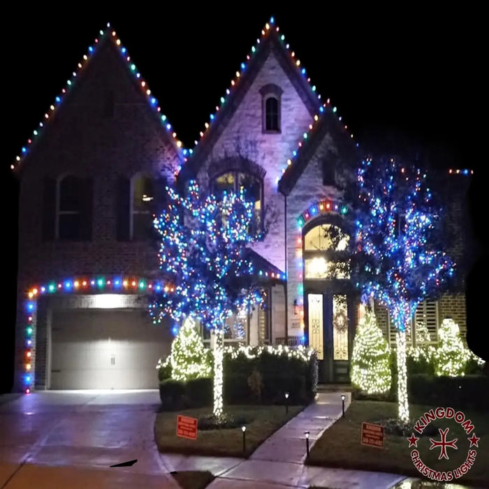 House decorated with Christmas lights and trees at night