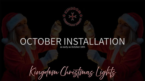Two people in Santa hats holding hands with text about Kingdom Christmas Lights installation.